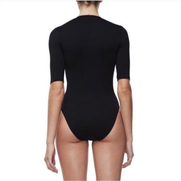 GOOD AMERICAN Snap Queen Black Half Sleeve Plunge V-Neck Bodysuit, Size 2/M - Picture 4 of 15